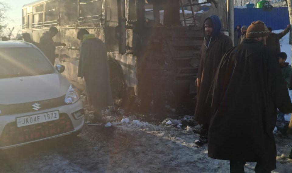 Passenger bus gutted in a fire incident in Central Kashmir’s Budgam