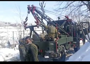 Army provides Assistance in Fire  Extinguishing and  Extration of Fire Brigade Vehicle at Rajwar Handwara