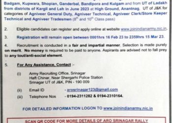 ONLINE REGISTERATION COMMENCES FOR AGNIVEER RECRUITMENT RALLY 2023 FOR UT OF J&K AND LADAKH  