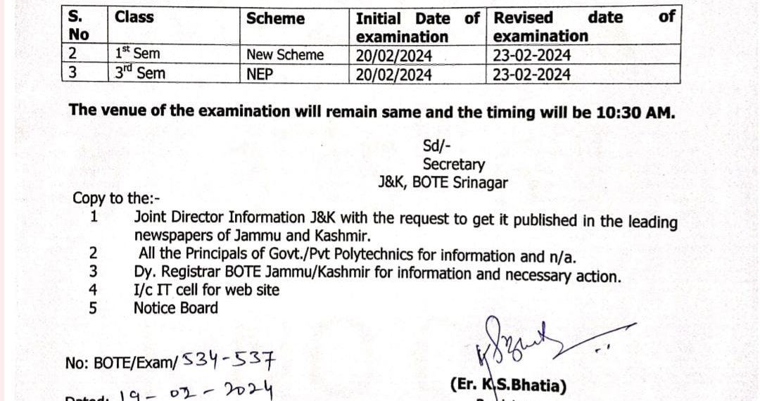 J&K Board of Technical Education postponed exams scheduled for tomorrow