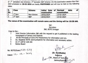 J&K Board of Technical Education postponed exams scheduled for tomorrow