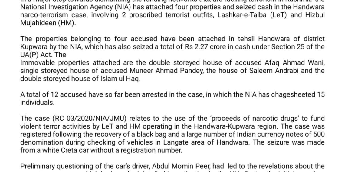 NIA attaches 4 properties, seizes over Rs 2 crore in Handwara narco-terror case