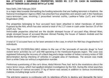 NIA attaches 4 properties, seizes over Rs 2 crore in Handwara narco-terror case