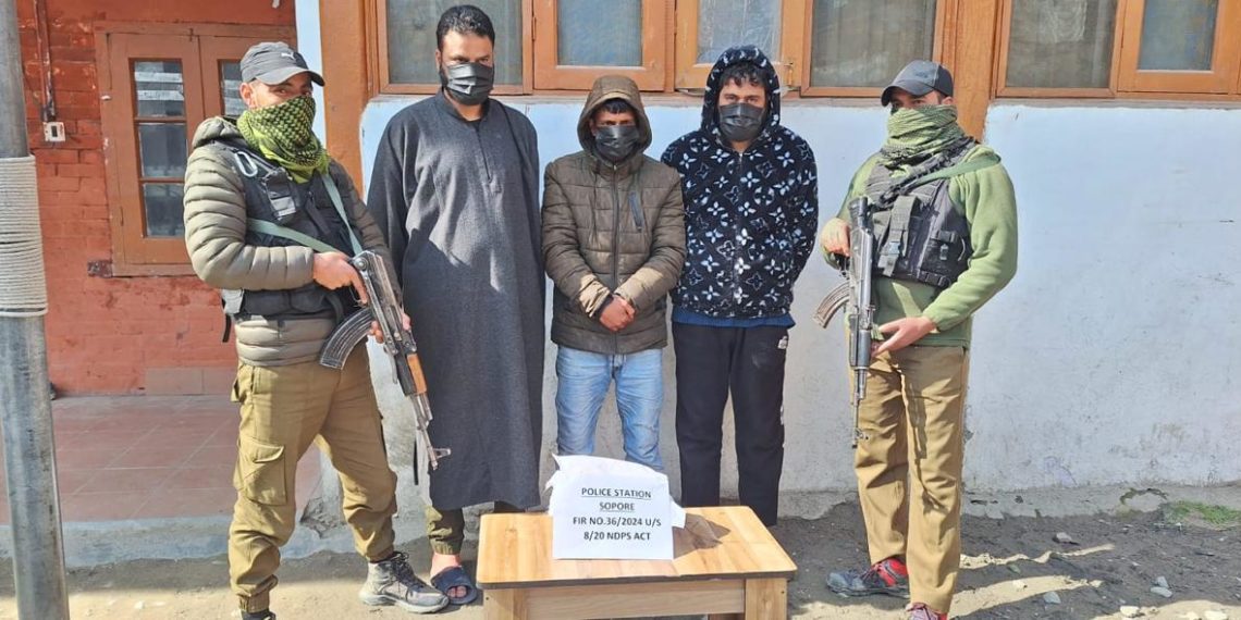 Sopore Police arrested three drug peddlers and recovered contraband substances