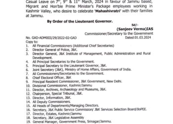 Mahashivratri: 3 Days Leave Sanctioned For Migrants, PM Package Employees by J&K Govt