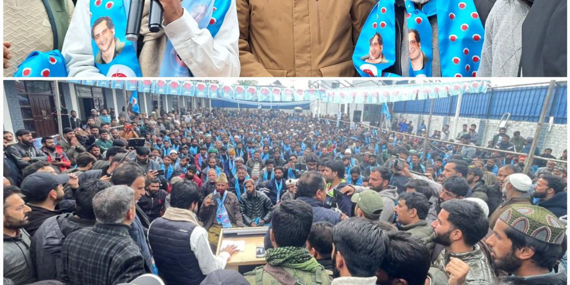 Sajad Lone welcomes DDC Kalaroos Mustafa Rahi along with hundreds of supporters into PC