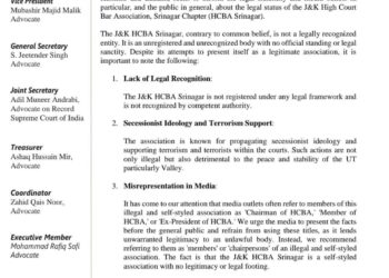 Kashmir Advocates Association Clarifies Legal Status of J&K High Court Bar Association, Srinagar