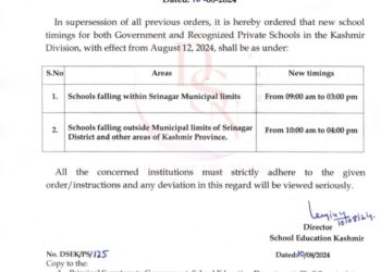 Change in school timings across Kashmir division effective from Monday