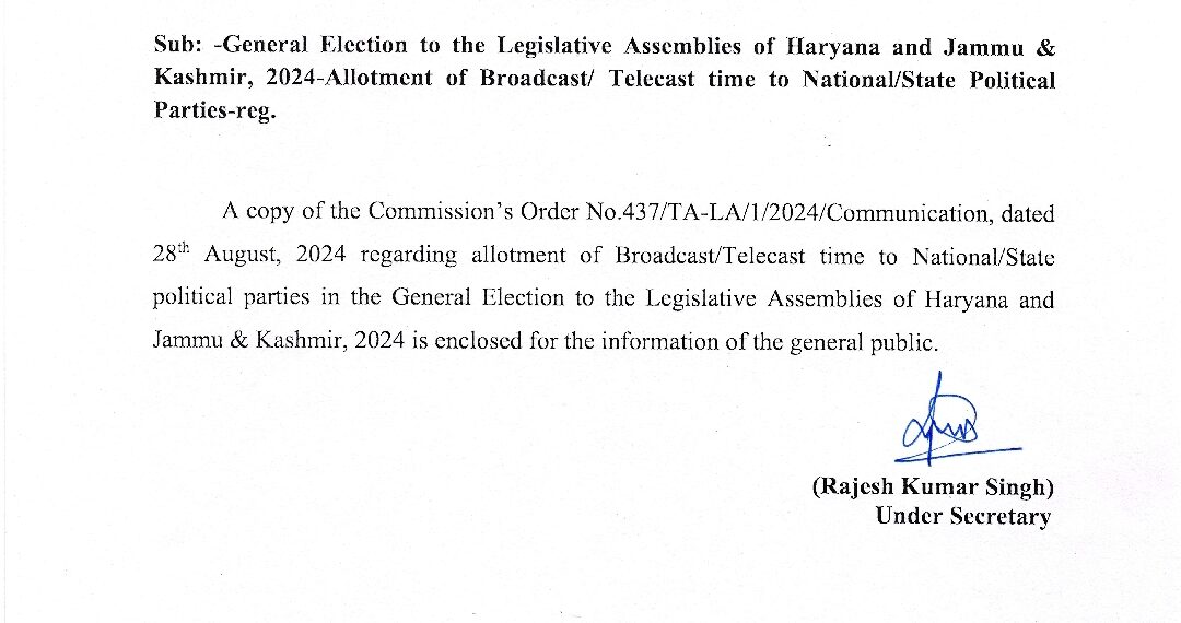 -General Election to the Legislative Assemblies of {Haryana and Jammu & Kashmir, 2024-Allotment of Broadcast/ Telecast time to National/State Political Parties-reg.)