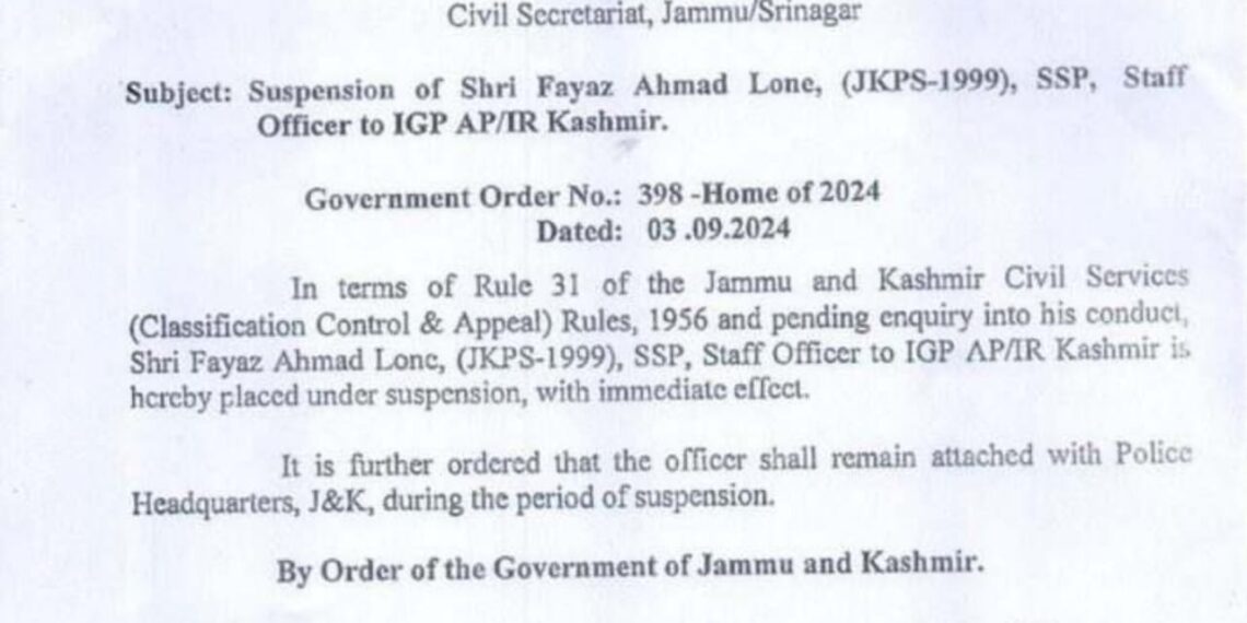 SSP Fayaz Ahmad Lone Suspended in J&K Pending Inquiry