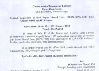 SSP Fayaz Ahmad Lone Suspended in J&K Pending Inquiry