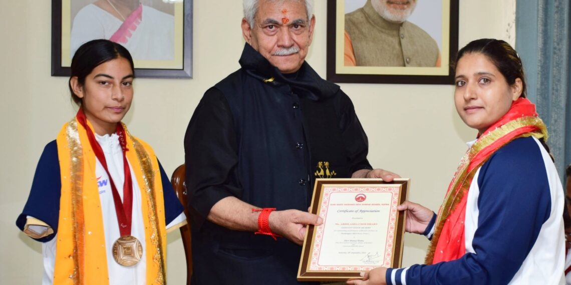 Lieutenant Governor Shri Manoj Sinha today met and felicitated Paris 2024 Paralympics Bronze Medallists, Ms Sheetal Devi and Sh Rakesh Kumar, at Raj Bhawan.