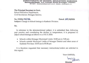 DSEK proposes change in school timing in Kashmir from next month