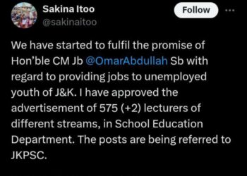 575 Lecturer Posts Approved for Recruitment in J&K: Sakeena Itoo