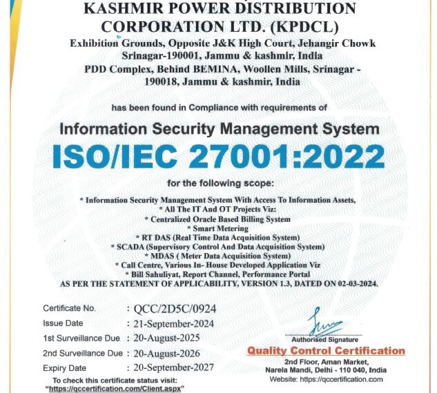 KPDCL 1st JK utility to obtain ISO certification for Data Centre