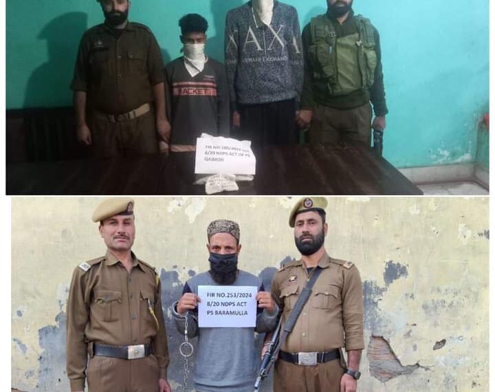 Police arrests 03 drug peddlers in Baramulla & Kulgam; Contraband substances recovered