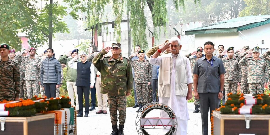 “Nation Stands With Families of Martyrs”: LG Manoj Sinha Pays Floral Tribute in Srinagar for Fallen Soldiers in Kokernag
