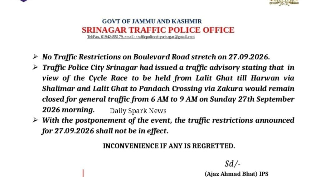 No Traffic Restrictions On Srinagar’s Boulevard Road For Sept 27