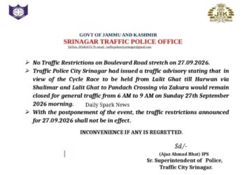 No Traffic Restrictions On Srinagar’s Boulevard Road For Sept 27